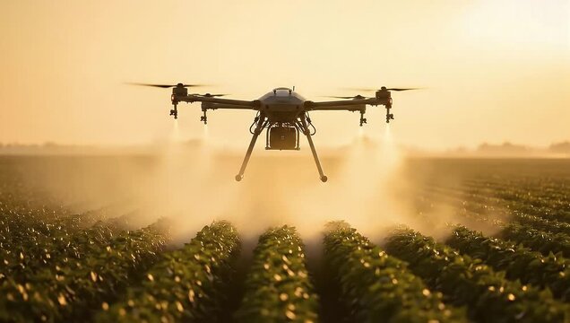 Unmanned aerial vehicle drone spraying fertilizer over rows of young plants in a rural field setting