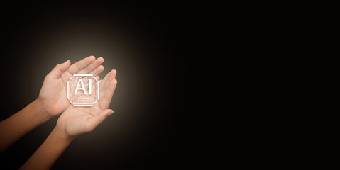 Child hands holding a glowing AI CPU icon on dark background. Artificial intelligence for children, digital literacy for youth, innovation, future technology of young people, educational advancement.