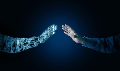 Concept of human and digital twin interaction under futuristic blue light, representing AI cooperation, smart technology, and digital transformation in modern innovation. © OleCNX