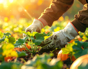 Gardener with dirty gloves tending to a small plant in a field with pumpkins and bright sunlight during golden hour