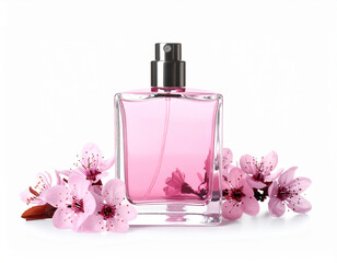 Glass Perfume Bottle with Pink Liquid Surrounded by Delicate Pink Cherry Blossoms on a White Background
