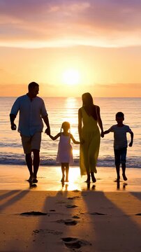 Family stroll on beach during sunset. Parents hold hands with children while walking on shoreline. Warm atmosphere creates joyful moments in vertical format.