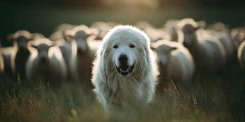 A fluffy, white dog, guards a flock of sheep in a sun-drenched pasture