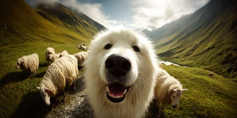 A smiling white dog takes a selfie with a flock of sheep in a green mountain valley