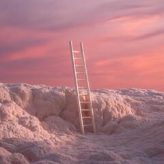 A white ladder ascends from a textured, pinkish land toward a pastel, rosy sky