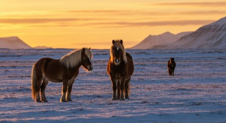 Three brown horses stand in a snowy field with mountains and an orange sunset