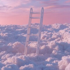 A white ladder ascends from fluffy clouds into a soft pink and purple sunset sky
