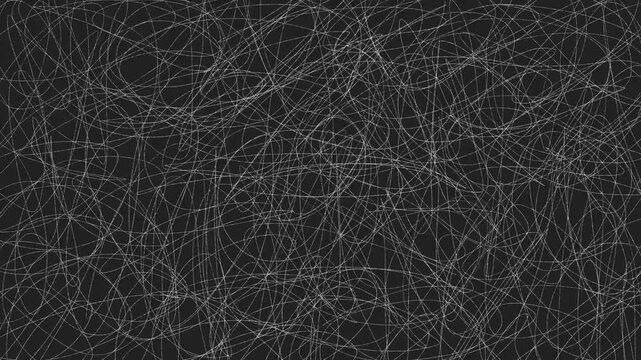Abstract tangle of white chaotic lines looped animation on black background. Dense, complex web of thin white lines moving chaotically. For psychological, scientific, or modern artistic video projects