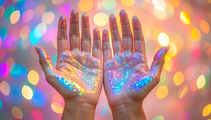 Hands adorned with vibrant rainbow glitter and sparkles against a bright bokeh background Keywords: hands, glitter