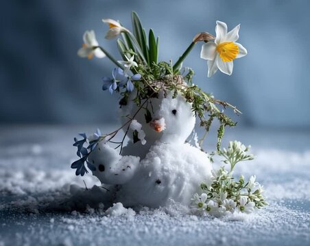 Tiny snowman decorated with fresh spring flowers like daffodils and scilla on a snowy surface.