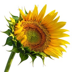 A vibrant sunflower, partially opened, shows radiant yellow petals and a textured center against a white backdrop