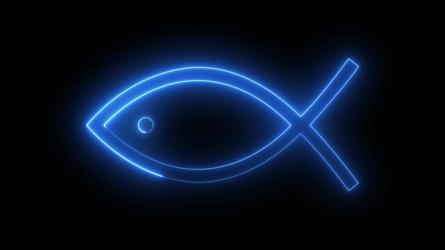 glowing neon Christian fish symbol icon animation on black background. Jesus fish symbol icon. 4k video animation.