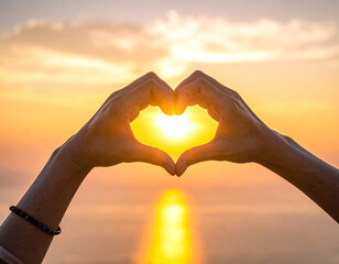 Hands forming a heart shape against a vibrant golden sunset over the ocean with reflection Keywords: hands, heart