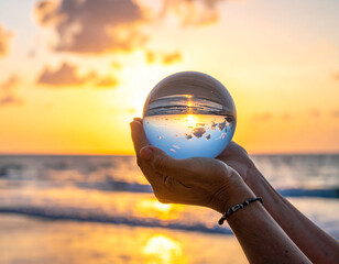 Hands holding a glass sphere with a sunset reflection against a beach and ocean backdrop Keywords: sunset, ocean