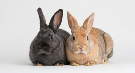 Fototapeta premium Two fluffy bunnies, one gray and one tan, sit close together on a white backdrop