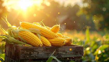 Harvested ripe yellow corn cobs piled in a rustic wooden crate with lush green husks against a golden sunset