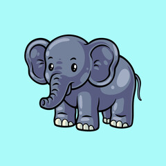Cute baby elephant cartoon illustration standing with big ears and trunk. Mammal mascot for children, sticker, logo, icon, branding design