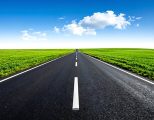 Asphalt road stretching to horizon, bordered by vibrant green field under a bright blue sky with scattered clouds