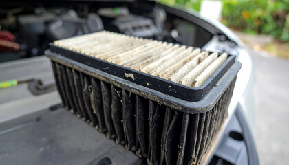 Heavily soiled and clogged car engine air filter sitting on of a car engine, showing extensive dust and dirt