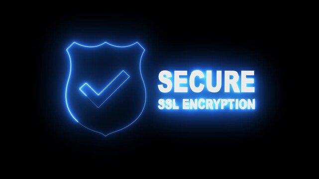 glowing neon Secure SSL Encryption Shield Icons isolated on black Background. Secure connection icon, flat style secured SSL shield symbols. SSL secure icons animation. 4k video animation.