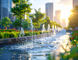 Linear water fountain channel with multiple small jets spraying water amidst blooming red flowers and green foliage