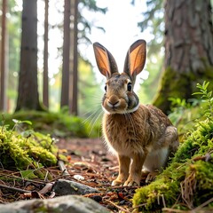 A brown hare sits on a mossy path surrounded by tall trees in a sunlit forest