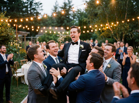 Groom being carried by friends at outdoor wedding reception with string lights overhead