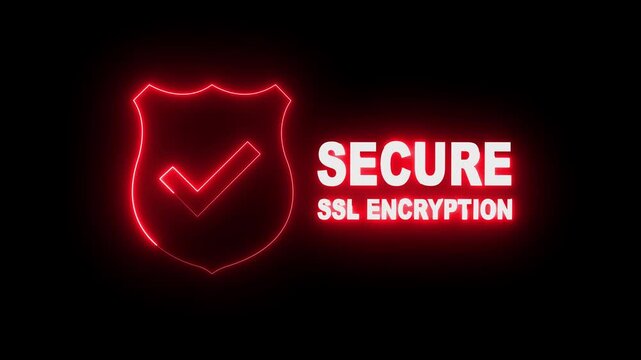 glowing neon Secure SSL Encryption Shield Icons isolated on black Background. Secure connection icon, flat style secured SSL shield symbols. SSL secure icons animation. 4k video animation.
