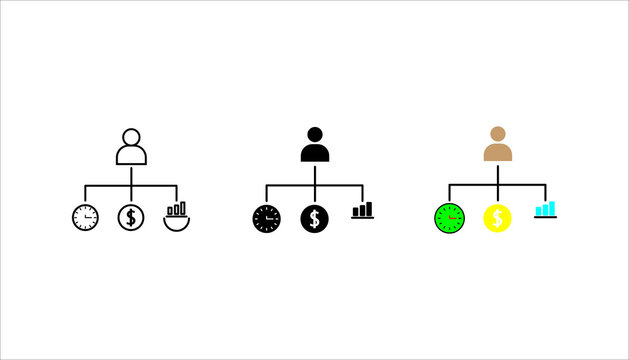 Minimal black and white icon illustrating business management hierarchy connected to time management, financial planning, and performance growth. Suitable for corporate, strategy, and analytics concep - Powered by Adobe