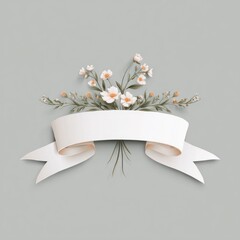 A floral design featuring a white ribbon banner, blossoms, and green foliage on gray