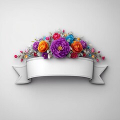 A decorative, colorful floral arrangement atop a white ribbon on a white background