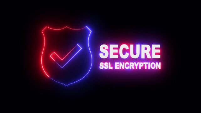 glowing neon Secure SSL Encryption Shield Icons isolated on black Background. Secure connection icon, flat style secured SSL shield symbols. SSL secure icons animation. 4k video animation.