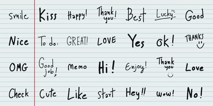 Notebook page with handwritten words like 'smile,' 'love,' 'thank you,' 'happy,' 'best,' 'yes,' 'nice,' 'enjoy,' 'hi,' 'wow,' 'cute,' 'start,' 'check,' 'good.' Doodle and hand drawn words, vector set.
