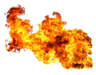A vibrant, voluminous burst of orange and yellow flame isolated against a white background with fiery tendrils