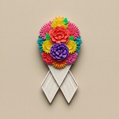 Colorful floral arrangement shaped like a ribbon, symbolizing awareness and support on beige