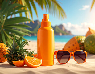 Orange sunscreen bottle with pineapple and orange slices on a sandy beach with ocean and mountains in background