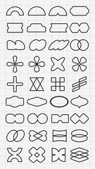 Grid of abstract geometric shapes, featuring diverse patterns and forms. Geometric shapes in black outline, arranged in a grid, showcasing abstract designs. Black shapes, vector element set.