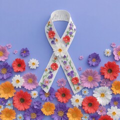 Floral arrangement featuring a textured white ribbon adorned with flowers on a blue backdrop
