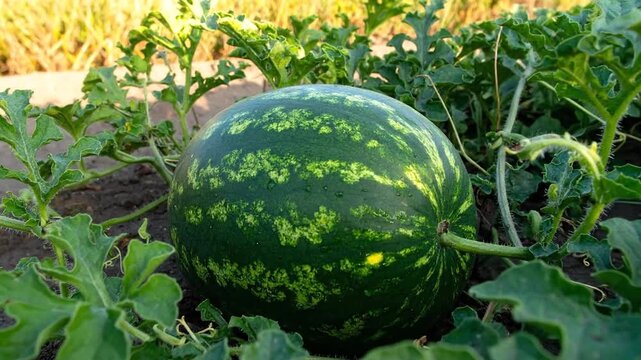 A round, green watermelon with striped patterns rests among lush green leaves. The leaves are vibrant