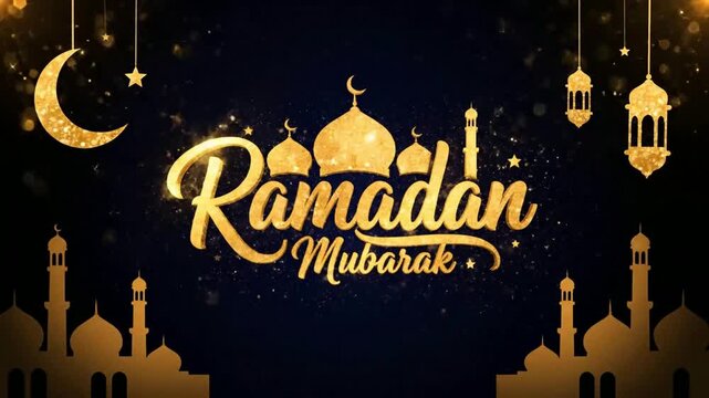 Elegant Ramadan Mubarak greeting with golden mosque silhouettes, crescent moon, and sparkling stars on a dark blue background, perfect for religious celebrations