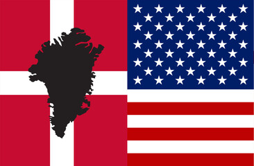 Greenland Island Silhouette Overlays Danish And American Flags.