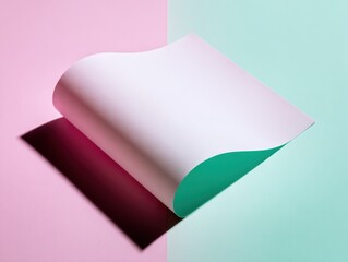 Floating paper with curled edges casts shadow on two-toned pink/teal backdrop