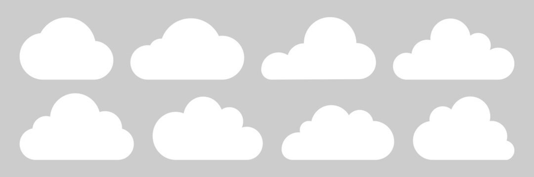 Eight white cloud icons on a gray background. Cloud shapes vary, creating a simple cloud pattern. Cloud icons are uniform, emphasizing cloud design. Weather illustration, vector set.