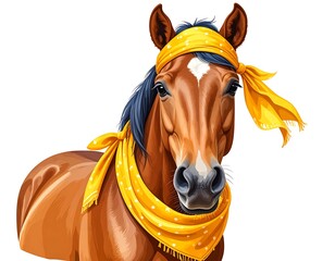 A brown horse with a yellow polka-dot bandana tied around its head and neck, against a white background