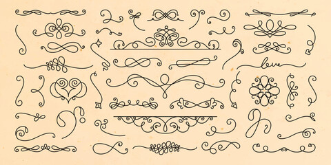 Elegant decorative flourishes and swirls in black on a beige background. Swirls and flourishes add a vintage touch. Decorative elements for design projects. Hand drawn ornament vector set.