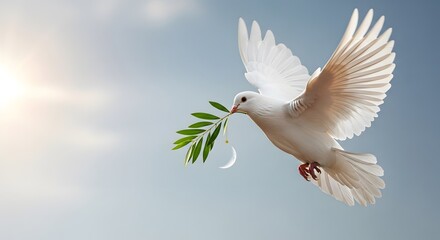 White dove flying with olive branch and crescent moon in beak against blue sky