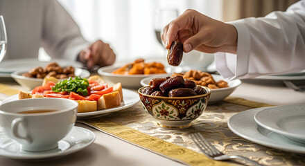 Close up of a person in traditional white attire breaking the fast by eating a fresh date served from an ornate bowl during iftar meal time.