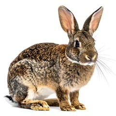 A brown-and-tan rabbit with long ears stands against a white backdrop, posing for the camera, whiskers visible