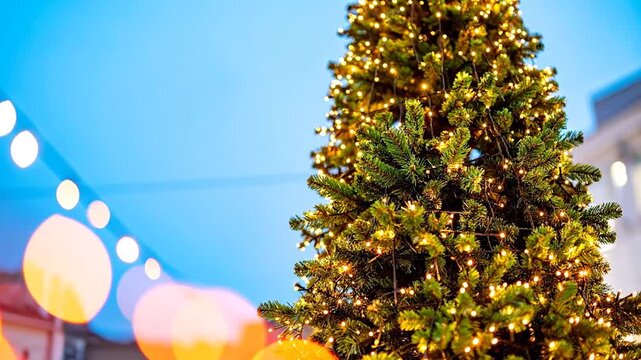 A festive holiday image features a Christmas tree adorned with twinkling lights against a soft blue sky