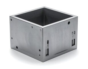 A brushed metal cube with precisely cut holes and slots sits on a white surface, bathed in soft, directional light